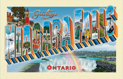 Carte postale rétro avec des lettres illustrées pour les monuments de Niagara Falls