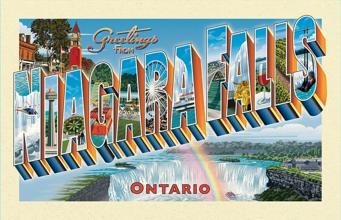 Classic postcard depicting landmarks of Niagara Falls