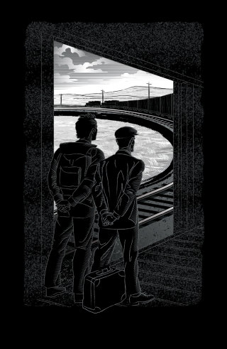 Ilustração de página inteira de um romance chamado &#39;River of Steel&#39;