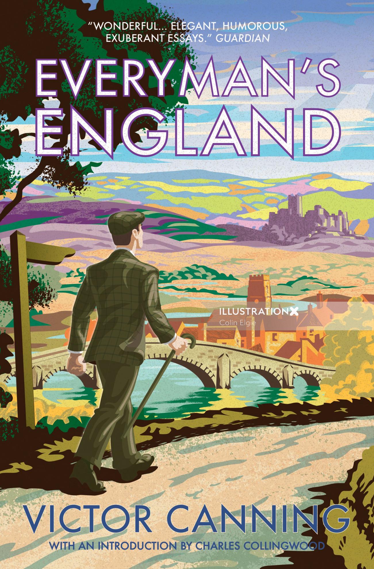 Diseño de portada de libro de inspiración retro que muestra a un hombre caminando por un camino rural en medio de un paisaje bucólico