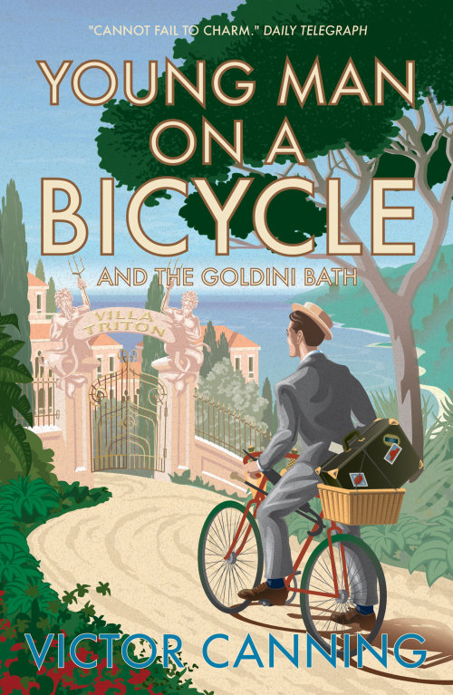 A book cover design for a collection of short stories, in which a young man on a bicycle, arrived at