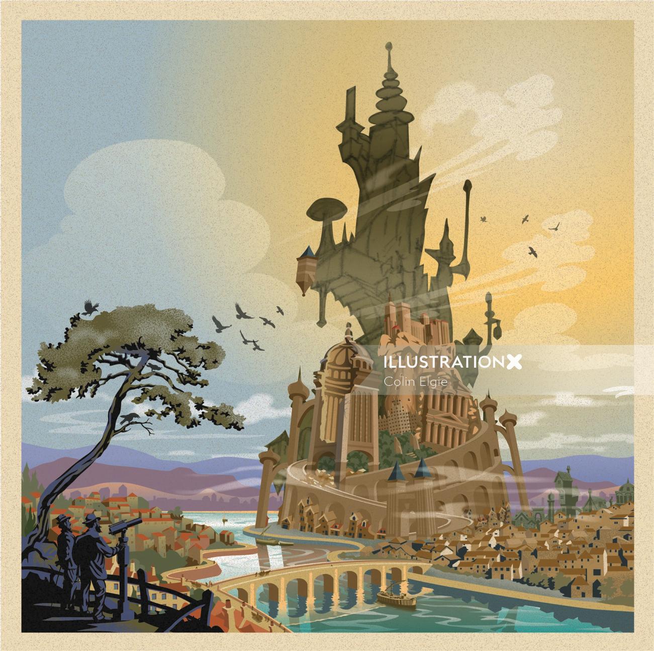 Ilustración arquitectónica de fantasía de Discworld Tower of Art