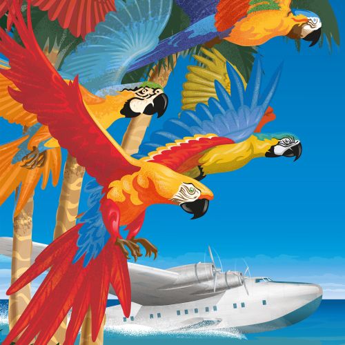 Vintage poster of Seaplane startling colorful parrots