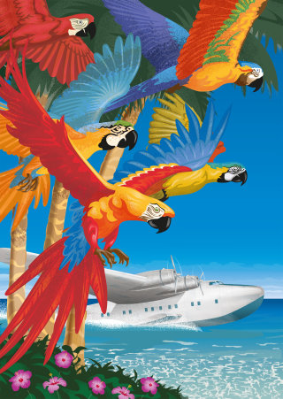 Poster vintage de hidroavião surpreendendo papagaios coloridos