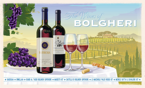 Bouteilles de vin et verres sur une table avec une belle scène toscane en arrière-plan.