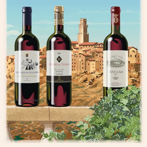 Wine bottles on a balustrade with Italian village in background