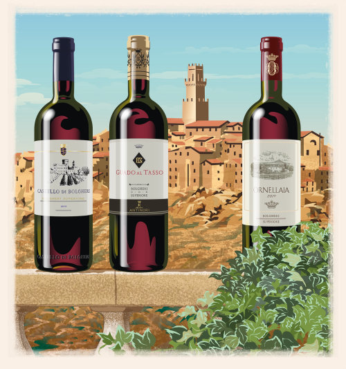 Garrafas de vinho em uma balaustrada com vila italiana ao fundo