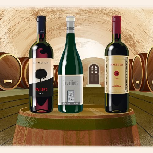 Bottles of wine on an oak barrel in a wine cellar.
