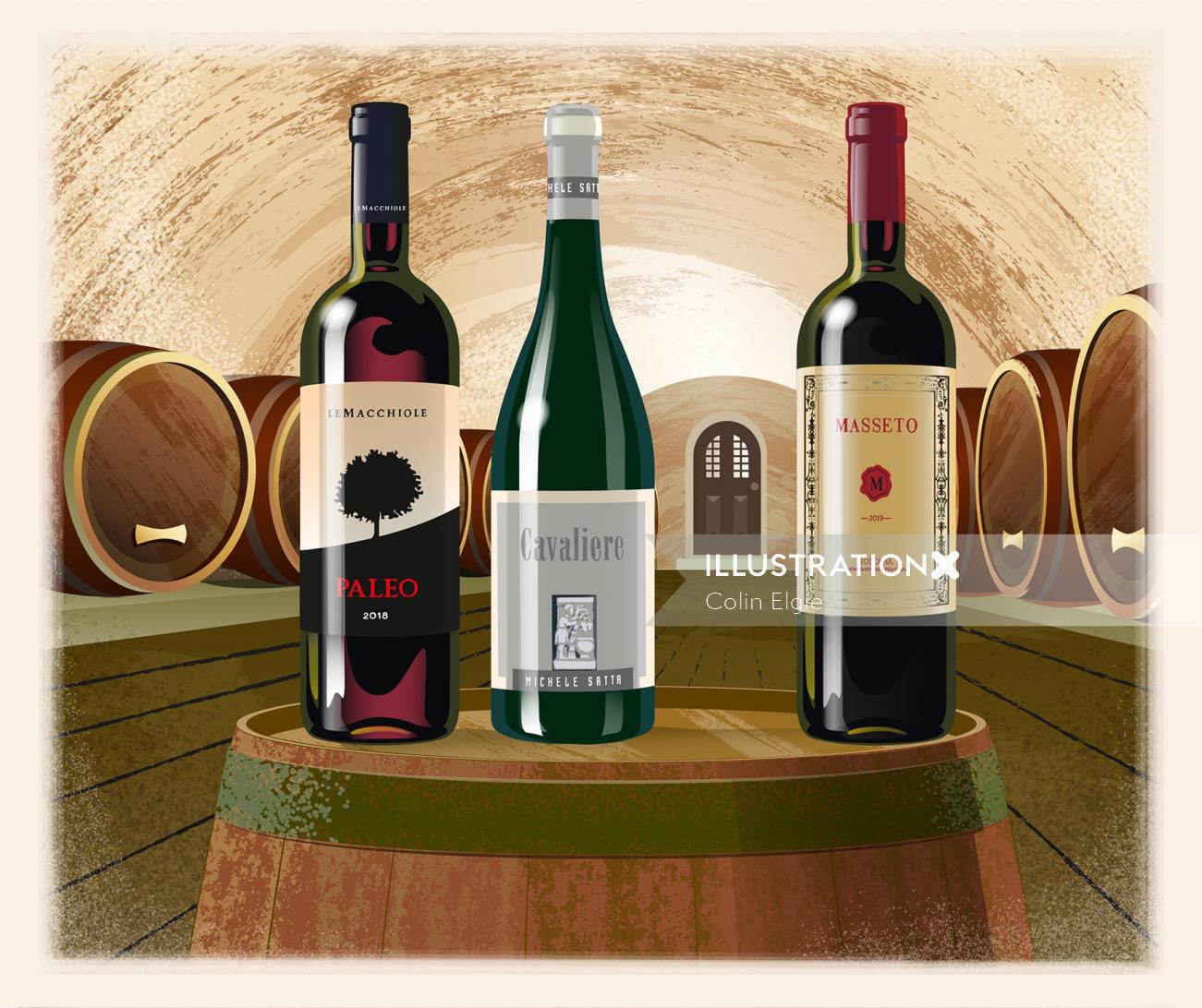 Bottles of wine on an oak barrel in a wine cellar.