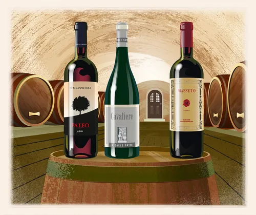 Wine bottles of Bolgheri for Wine Enthusiast Magazine