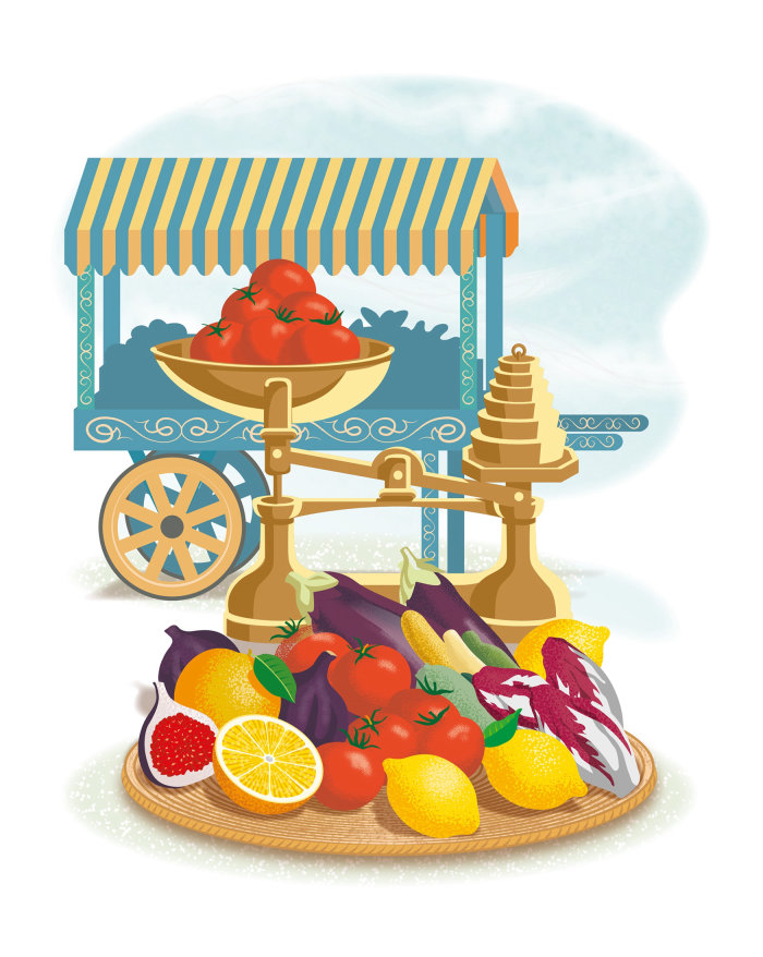 Cute food illustration for Italian Cookery Book Contorni Section