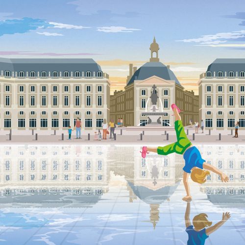 Child doing handstands in Bordeaux water fountains