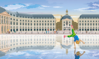 Child doing handstands in Bordeaux water fountains