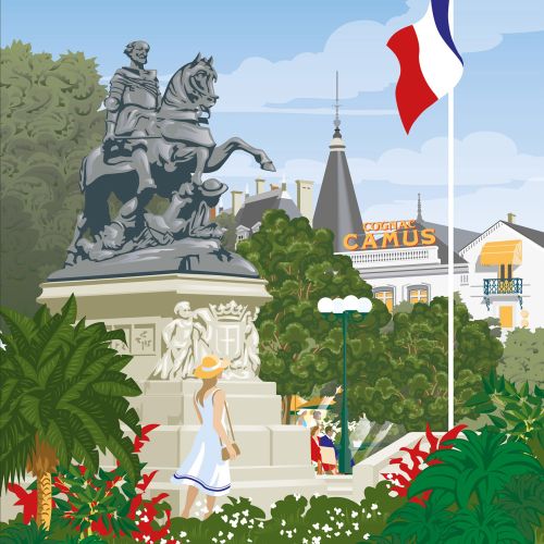 Illustration of people enjoying Cognac's town square