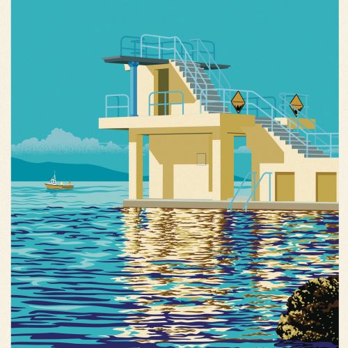 Salthill diving board poster with a scenic backdrop of Galway Bay