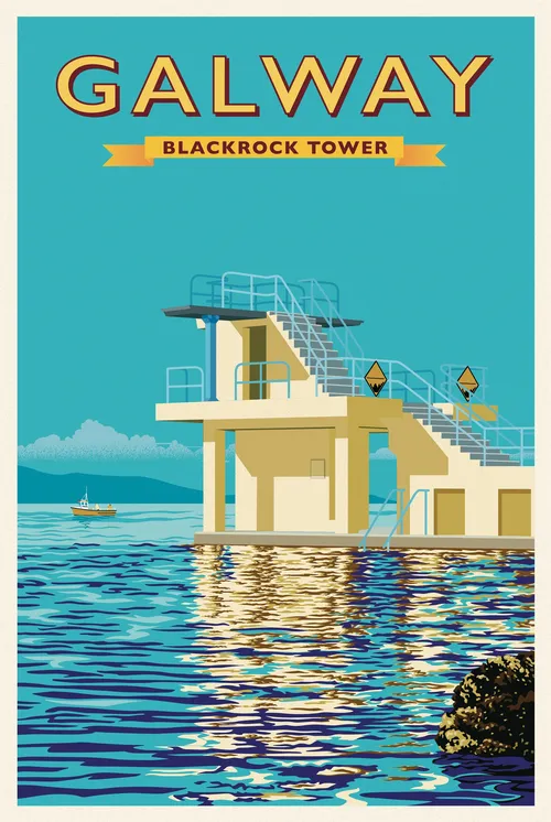 Salthill diving board poster with a scenic backdrop of Galway Bay