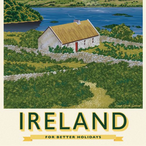 Ireland travel poster featuring scenic Lough Corrib view in Galway