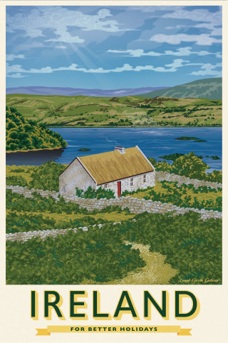 Ireland travel poster featuring scenic Lough Corrib view in Galway