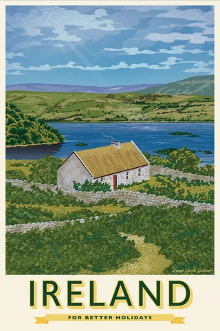 Ireland travel poster featuring scenic Lough Corrib view in Galway