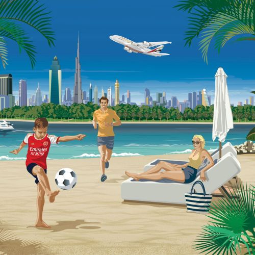 A beach holiday poster for Fly Emirates Airlines