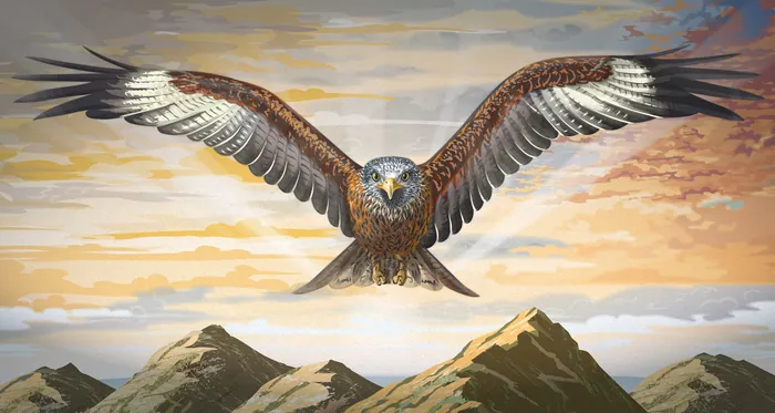 Red kite bird soaring with outstretched wings over mountain peaks