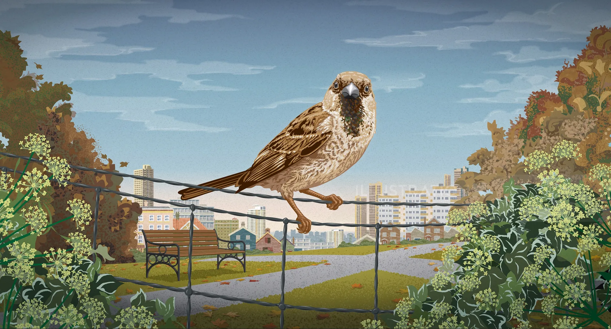 House sparrow perched on park fence with urban background