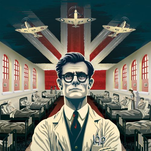 Doctor with crossed arms in war hospital ward with aircraft overhead