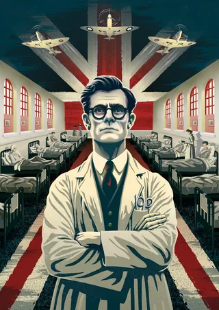 Doctor with crossed arms in war hospital ward with aircraft overhead