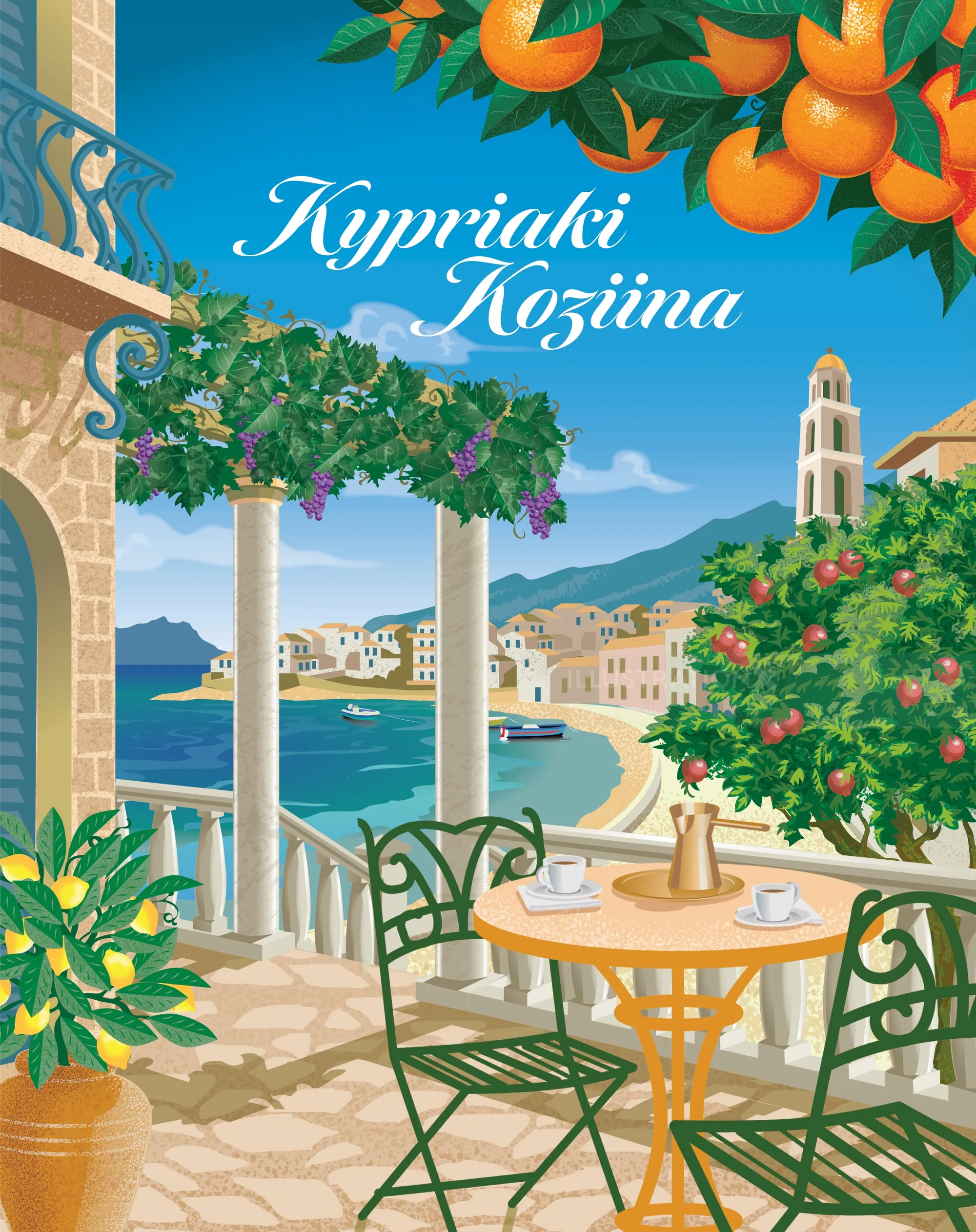 Sunlit seaside terrace with orange and lemon trees near a coastal town