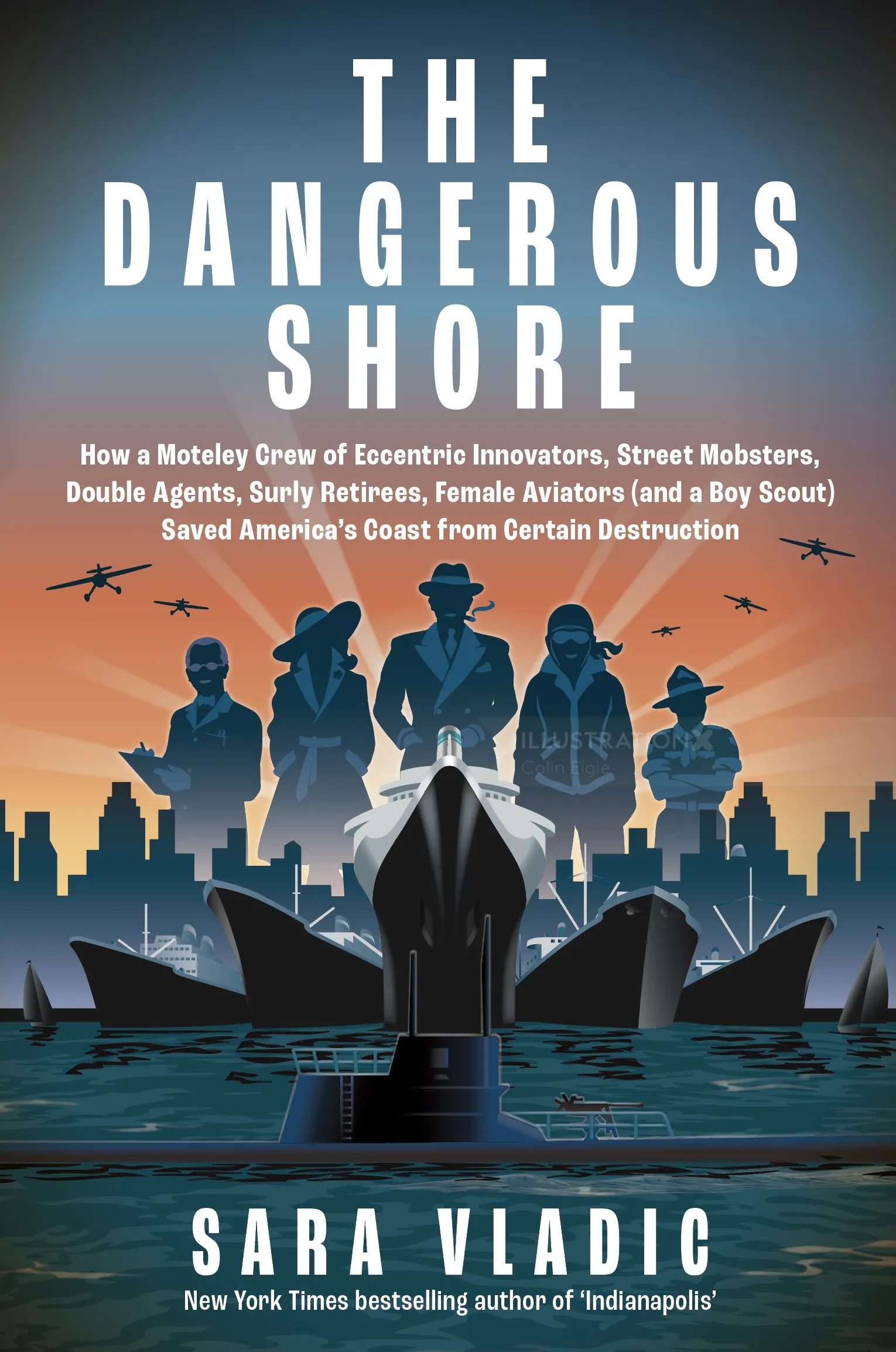 Book cover of The Dangerous Shore with silhouetted figures and a ship