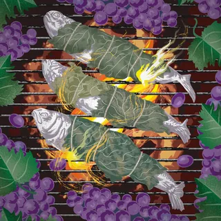 Fish wrapped in vine leaves grilling over fire with grapes nearby