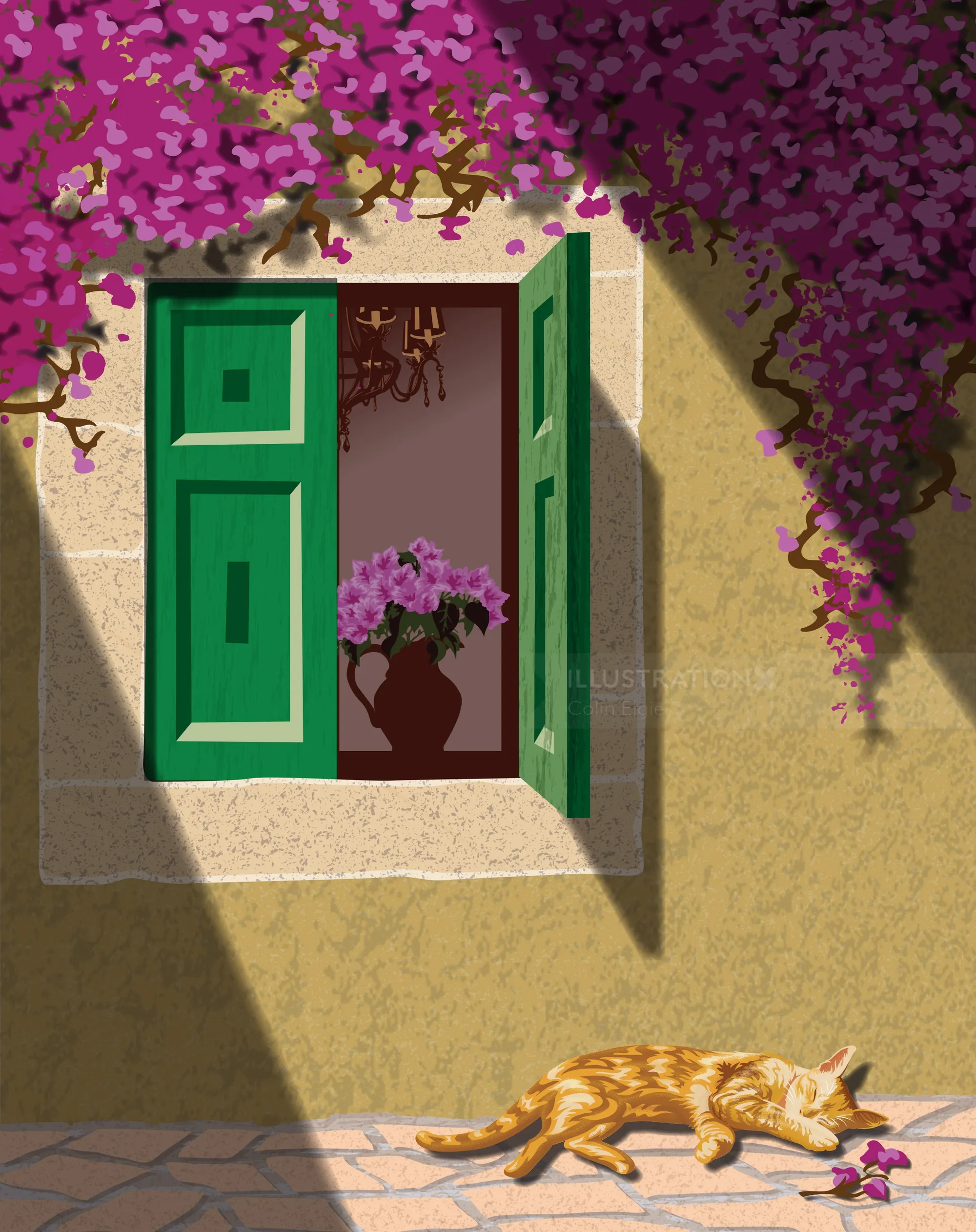 Open green window with pink flowers and sleeping orange cat below