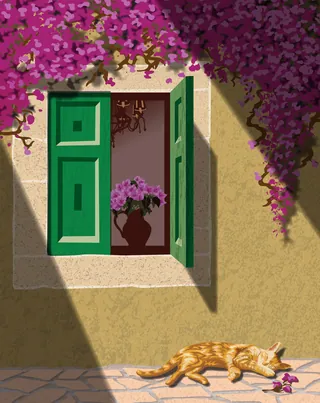 Open green window with pink flowers and sleeping orange cat below