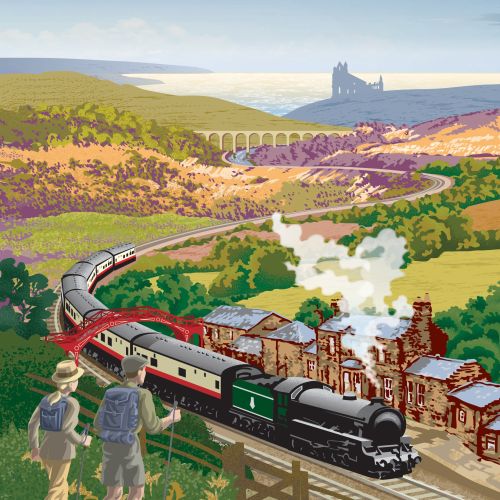 Two hikers watch a steam train crossing a viaduct in a scenic countryside