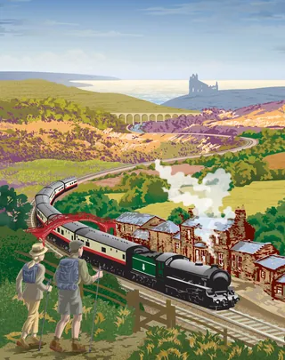 Two hikers watch a steam train crossing a viaduct in a scenic countryside