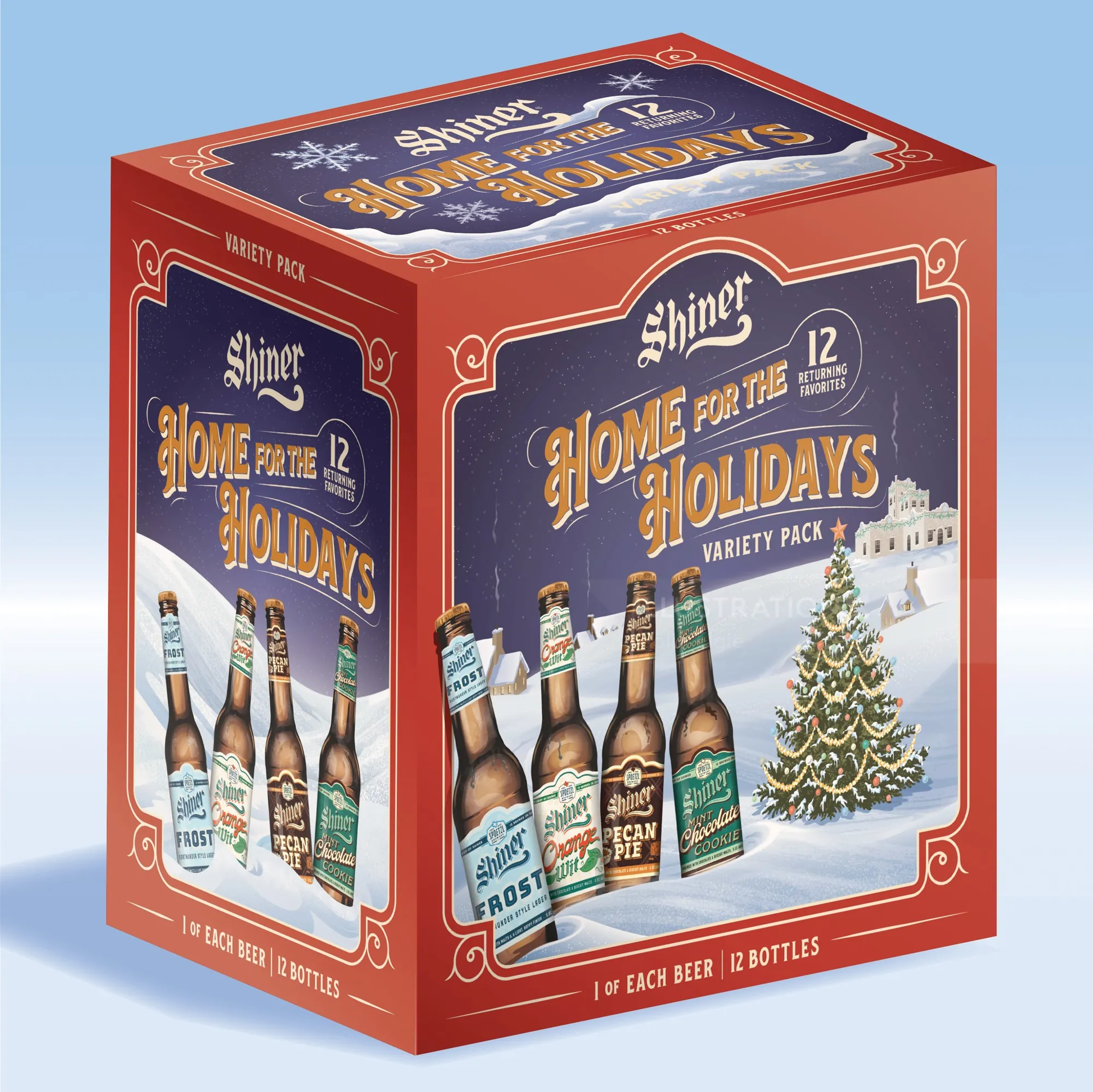 Shiner Home for the Holidays beer variety pack with festive holiday design by Colin Elgie