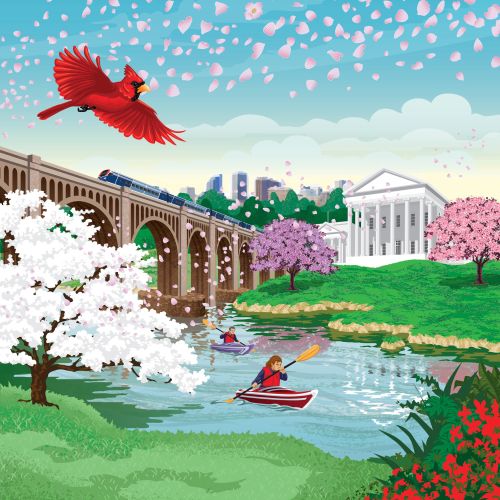 Central Virginia scene with Capitol, river, cherry blossoms, and kayakers by Colin Elgie