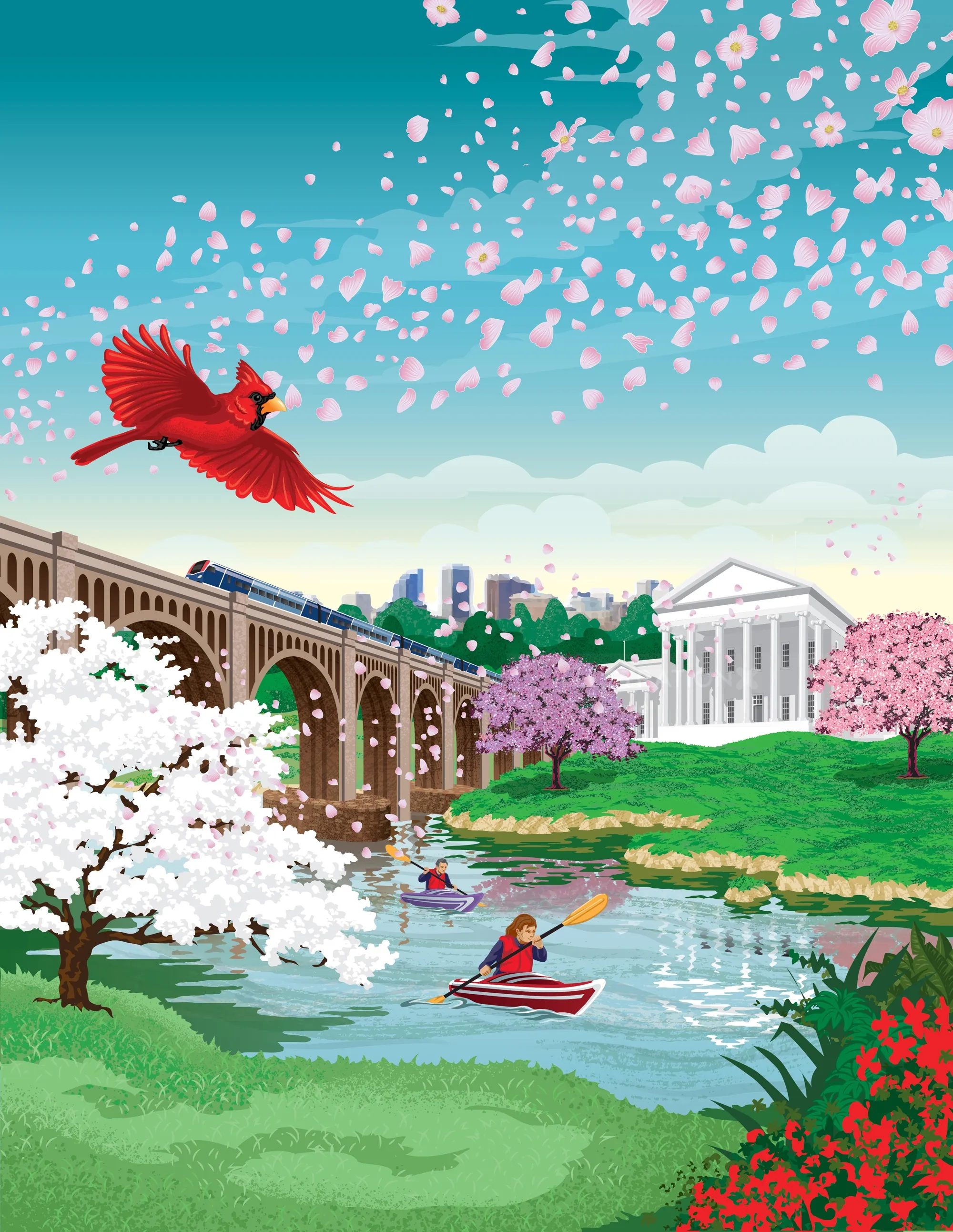 Central Virginia scene with Capitol, river, cherry blossoms, and kayakers by Colin Elgie