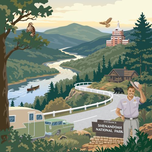 谢南多厄国家公园插图，包含道路、河流和野生动物，作者：Colin Elgie