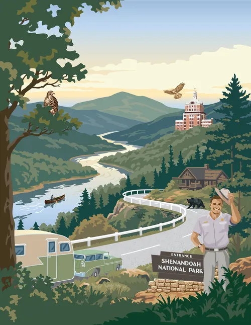 Illustration of Shenandoah National Park with road, river, and wildlife by Colin Elgie