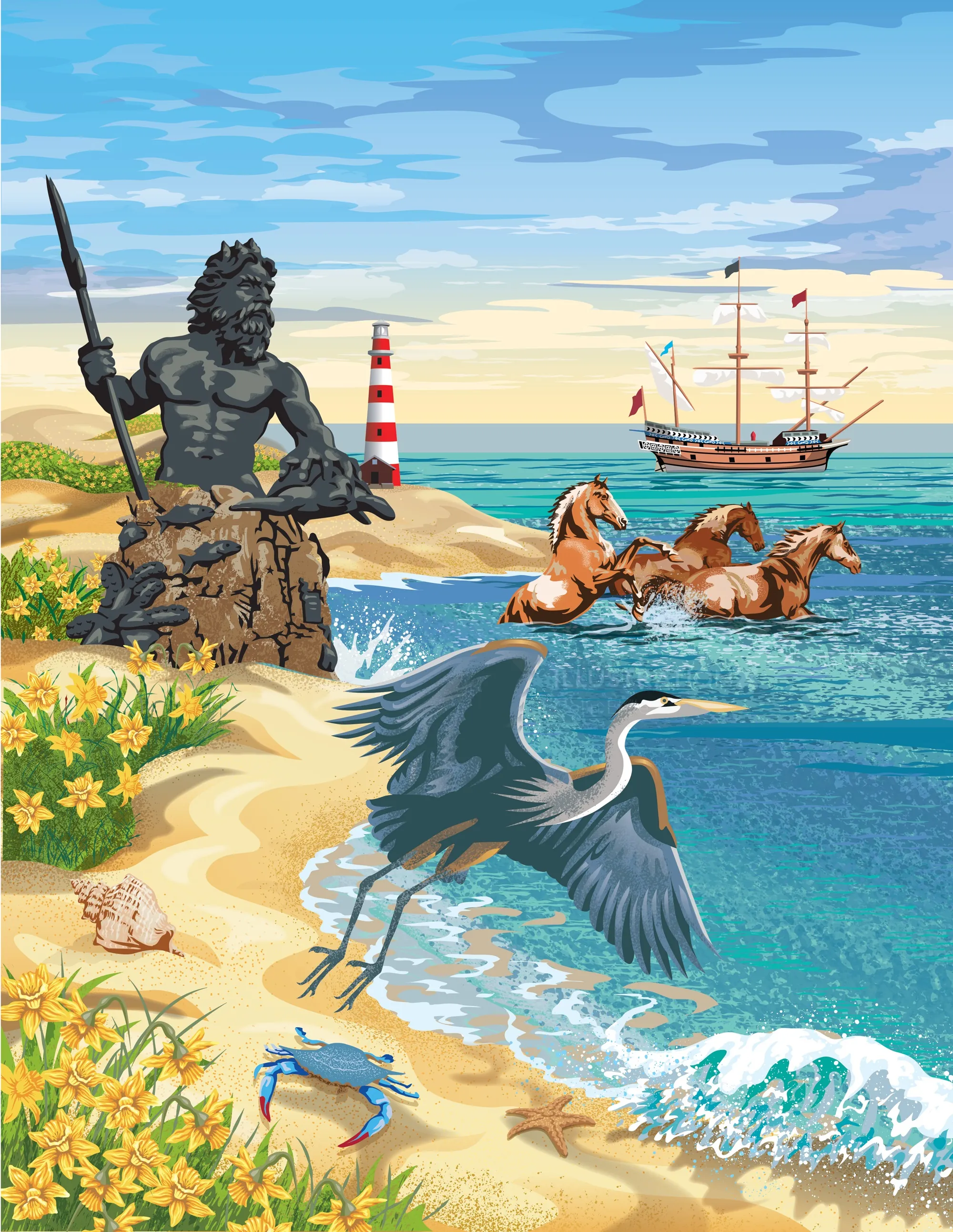 Neptune statue, galleon ship, ponies, heron, and crab at Virginia beach by Colin Elgie