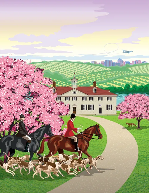 Hunting scene near Virginia State Capitol with cherry blossoms by Colin Elgie