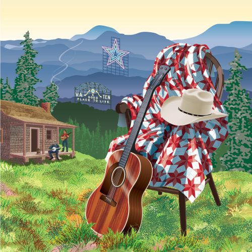 Southwest Virginia scene with guitar, Stetson hat, quilt, and banjo players in mountains by Colin El