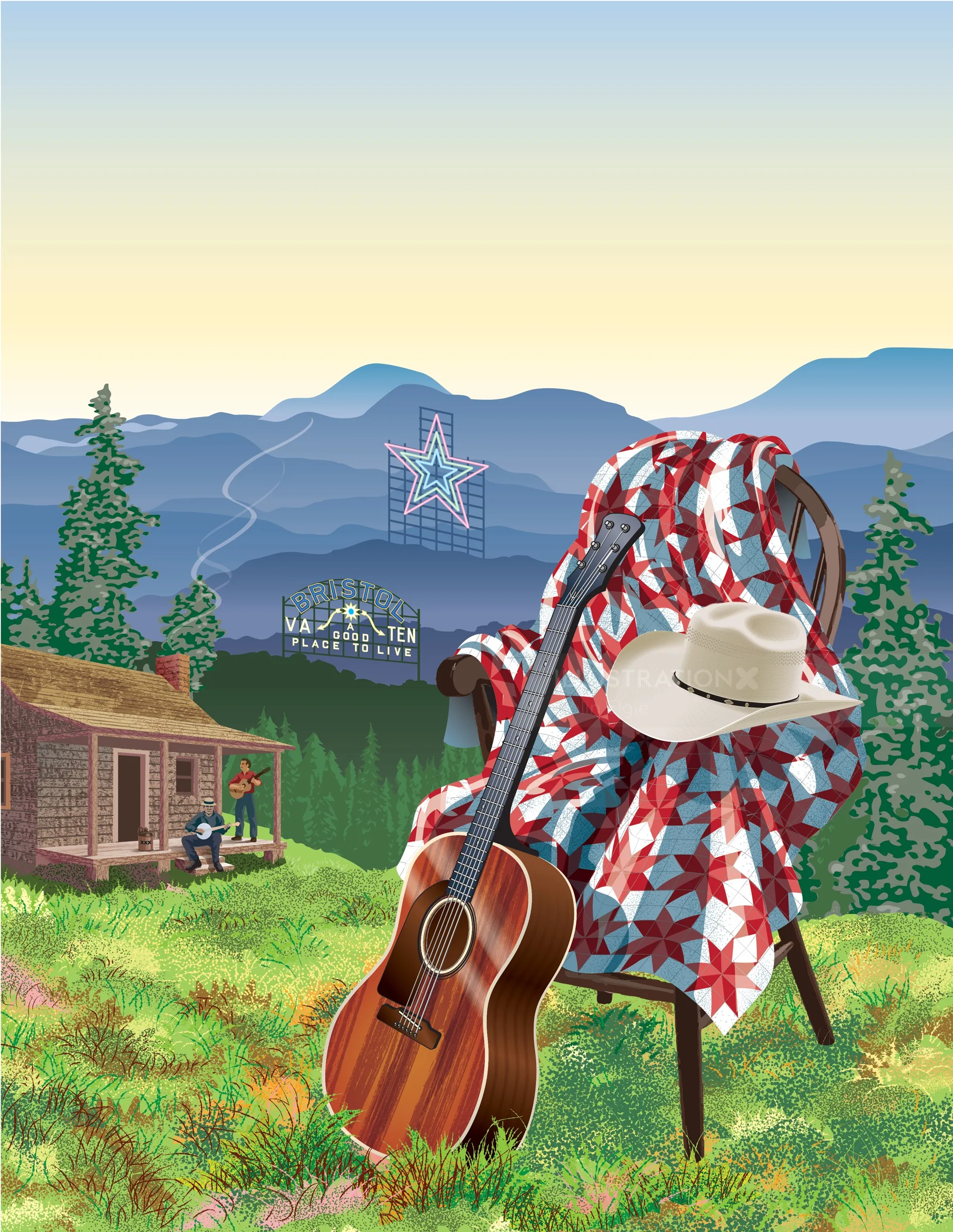 Southwest Virginia scene with guitar, Stetson hat, quilt, and banjo players in mountains by Colin El