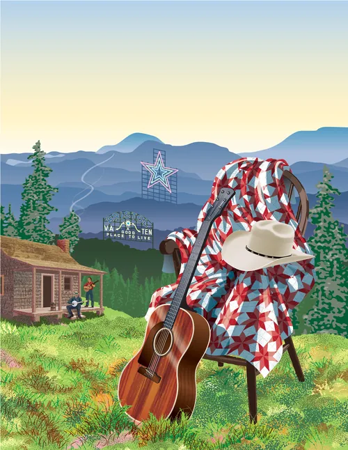 Southwest Virginia scene with guitar, Stetson hat, quilt, and banjo players in mountains by Colin El