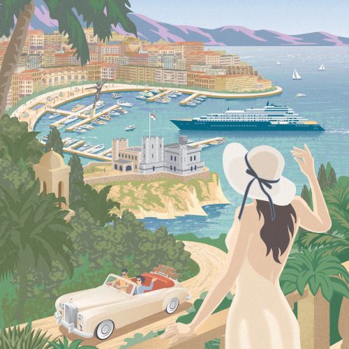 Woman in hat overlooking Monaco harbor with yacht and convertible car by Colin Elgie