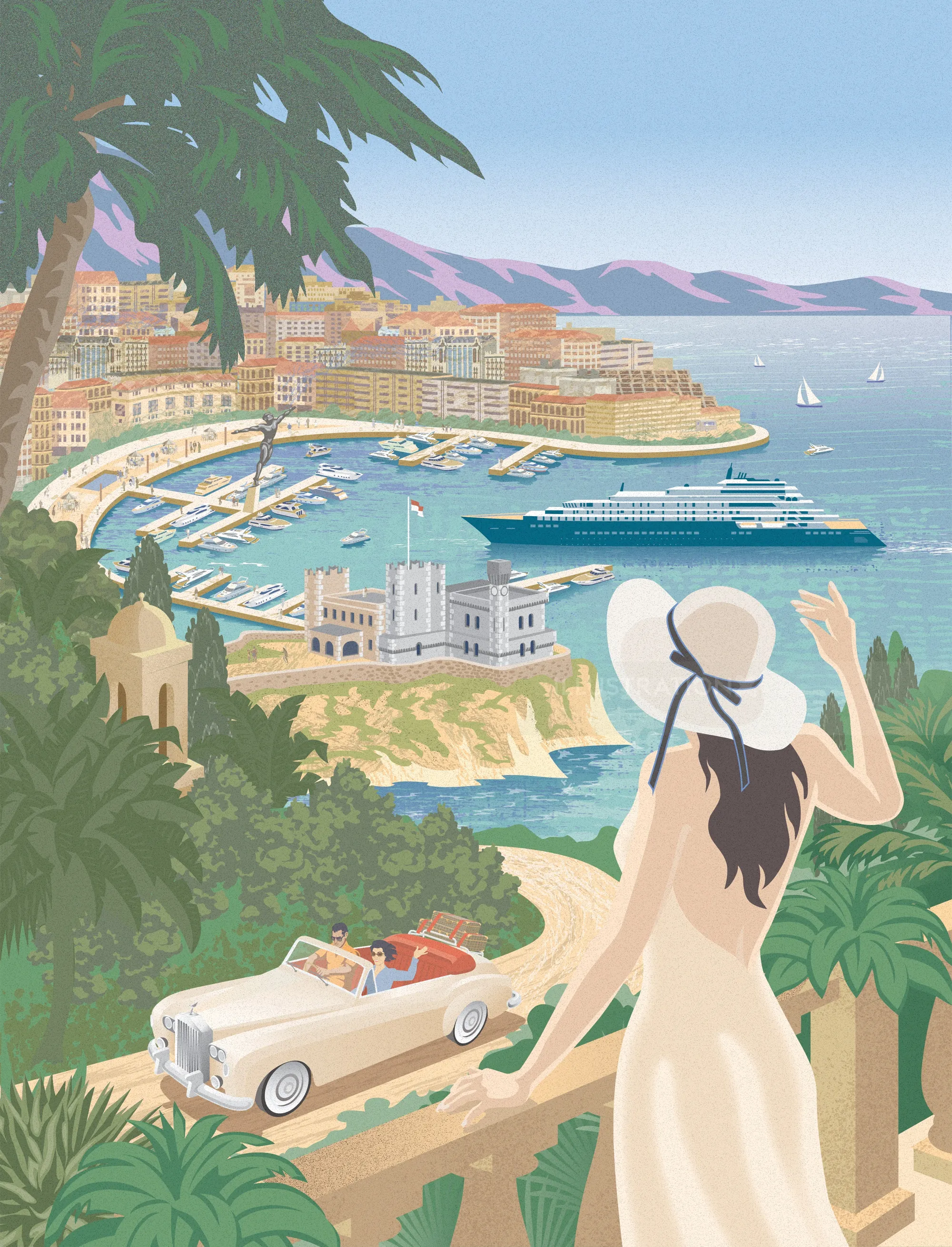 Woman in hat overlooking Monaco harbor with yacht and convertible car by Colin Elgie