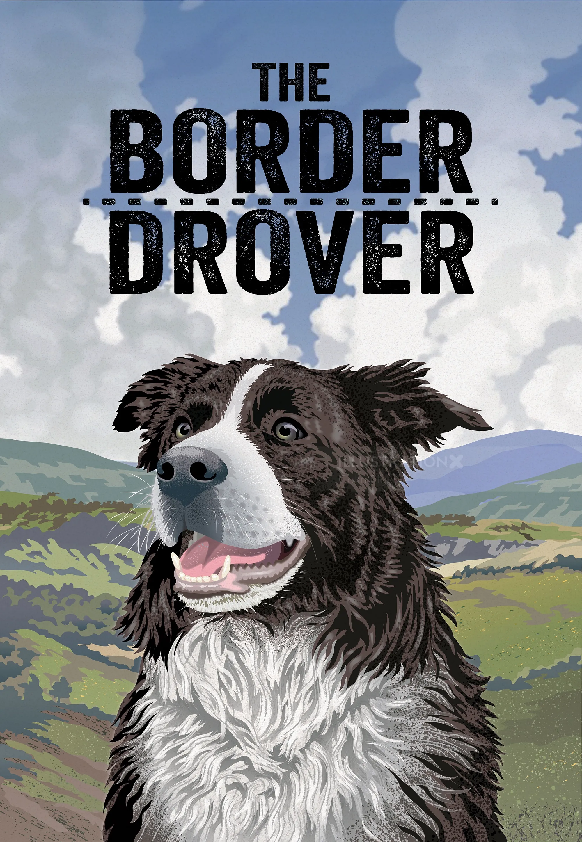Colin Elgie illustration of a Border Collie in a rugged landscape