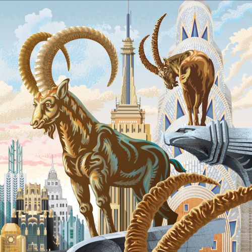 Illustration of horned goats above Manhattan by Colin Elgie