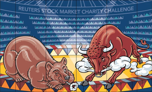 An Illustration of a Bull and Bear in circus ring